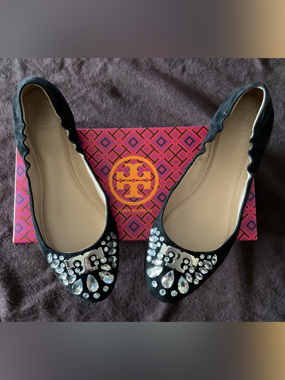 Tory Burch Delphine ballet kid suede Black Jeweled Pointed Ballet Flats